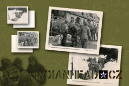 INDIANHEAD.CZ IM60006 US 2ID WWII ARMY PHOTO MEN GUARD GERMAN PRISONERS AT SCHONESEIFFEN AND MEN SEEK SHELTER FROM GERMAN ARTILLERY BARRAGE